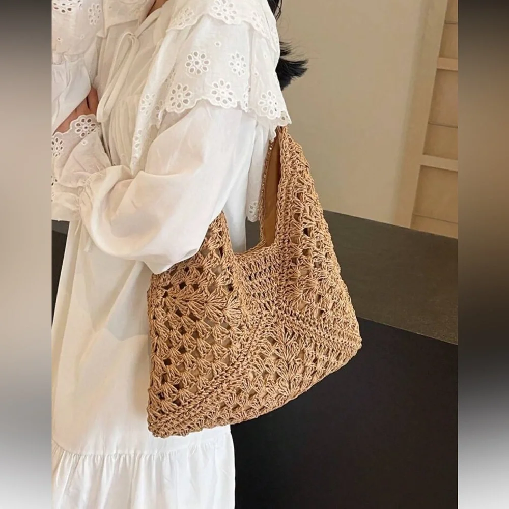 Elegant Khaki Crochet Hobo Bag